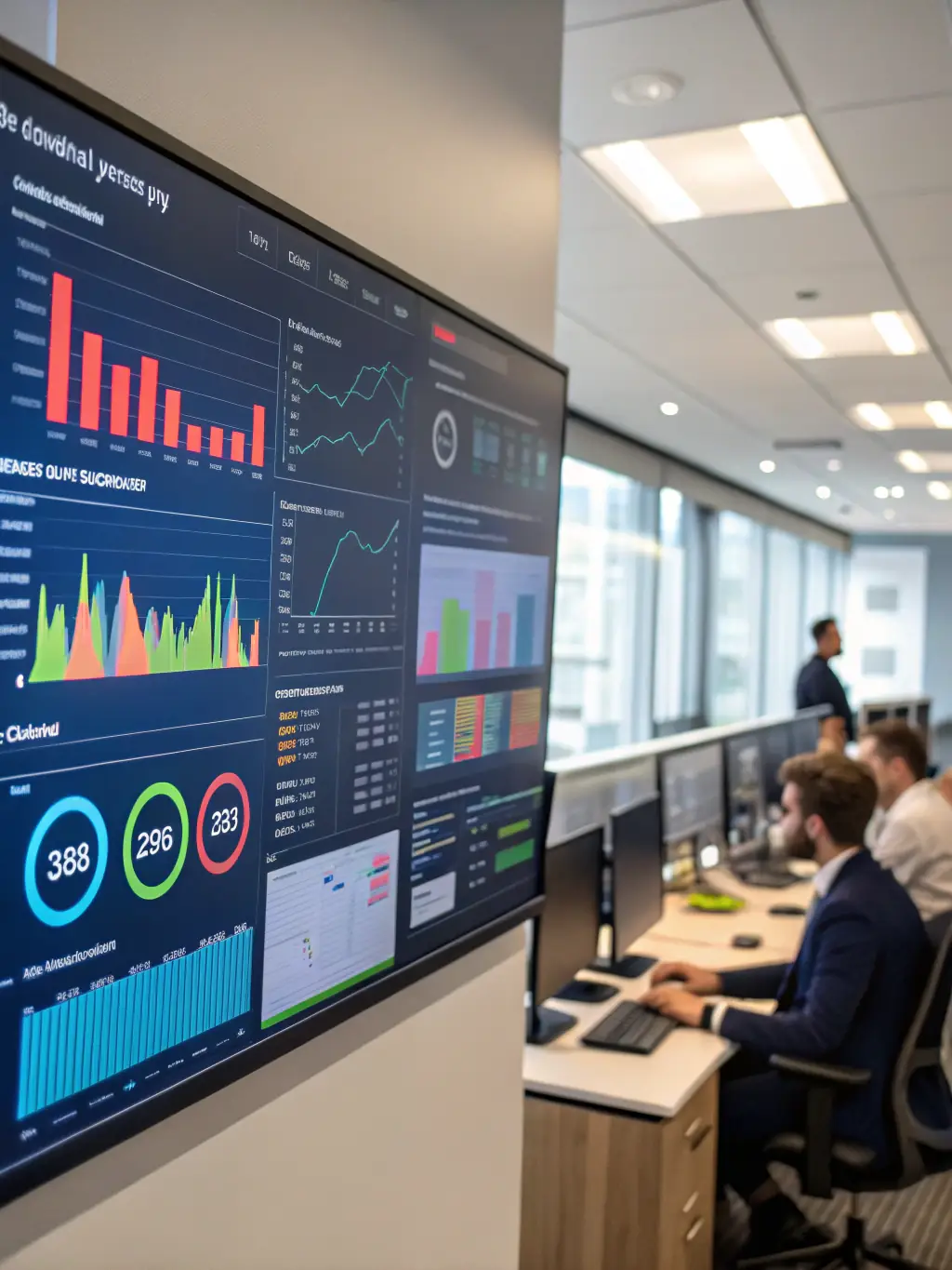 A modern management dashboard interface with interactive charts and graphs, illustrating Rmms One's capabilities in management tool development.