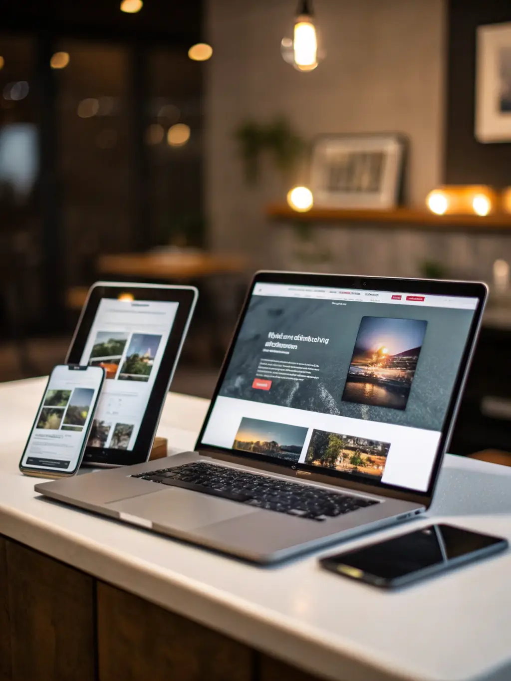 A sleek, modern website displayed on various devices including desktop, tablet, and smartphone, showcasing Rmms One's web design and development service.